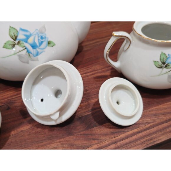 Vintage Blue Rose Shafford China Porcelain Tea Set - Teapot Sugar Bowl & Creamer - Picture 9 of 11